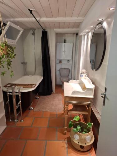 a bathroom with a tub and a toilet and a sink at Gite des arches in Saint-Nectaire
