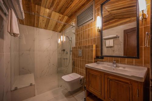 a bathroom with a sink and a shower and a toilet at Udaan Hotel Pine Crest, Pelling in Pelling