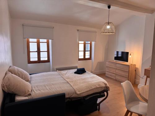 a bedroom with a bed and a tv and a chair at Studio climatisé in Narbonne