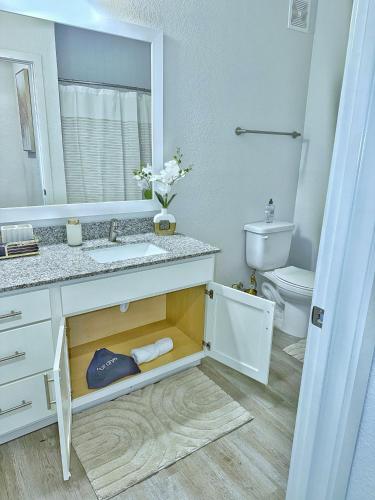 a bathroom with a sink and a toilet and a mirror at Beachline Oasis in Jacksonville