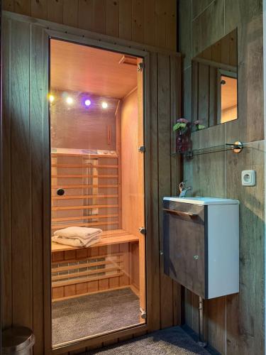 a glass door to a shower with a bed in it at vakantiehuisje Zusje met eigen sauna in Bruchterveld