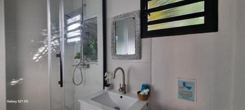 a white bathroom with a sink and a mirror at Bungalow Zananas charme et Authenticité chez l'habitant in Saint-Paul