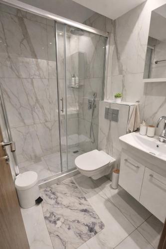 a bathroom with a shower and a toilet and a sink at BAS Garden Apartment Paralia in Paralia Katerinis