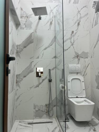 a bathroom with a toilet and a glass shower at Hotel Berati in Berat