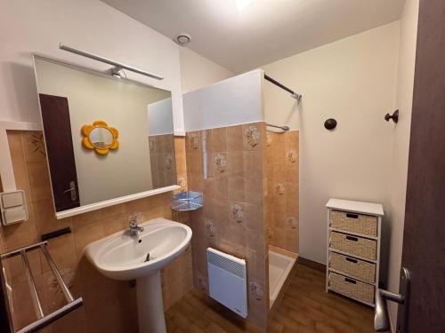 a bathroom with a sink and a shower at Maisonnette au centre de St Pierre in Saint-Pierre-dʼOléron