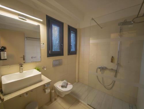 a bathroom with a sink and a toilet and a shower at Aeolian Gaea Hotel in Skala Kallonis