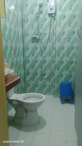 a bathroom with a shower and a toilet at Magdiwang Nature's View Lodge in Magdiwang