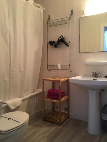 a bathroom with a sink and a toilet and a shower at Apartaments California in Cala en Blanes