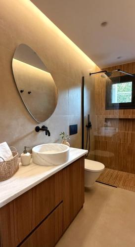 a bathroom with a sink and a mirror and a toilet at Tashó Simply Living in Xylokastro