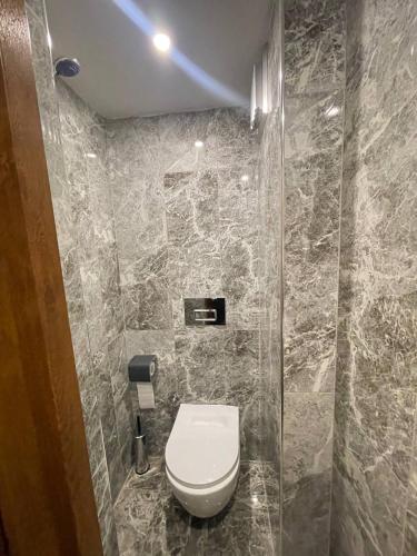 a bathroom with a toilet and a shower at Hotel Bergama in Istanbul
