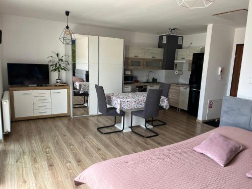 a bedroom with a table and chairs and a kitchen at Studio Green in Świebodzice