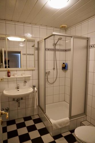 a bathroom with a shower and a sink at Hotel zum Freiheiter Hof in Raesfeld