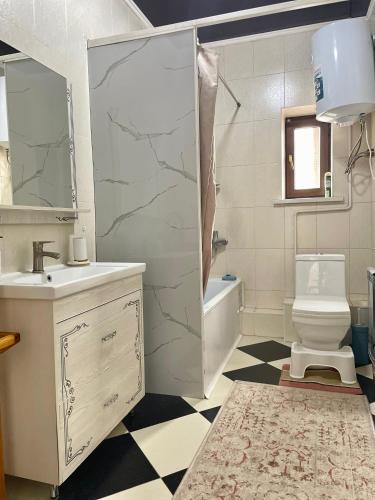 a bathroom with a shower and a sink and a toilet at Kurak Homestay in Bishkek