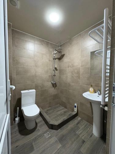 a bathroom with a toilet and a sink at Comfortable 5 rooms apartment in Kutaisi