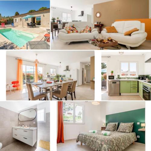 a collage of photos of a living room and dining room at Villa Santa - Piscine - Wifi - Proche Ventoux - idéal Cyclistes in Mormoiron
