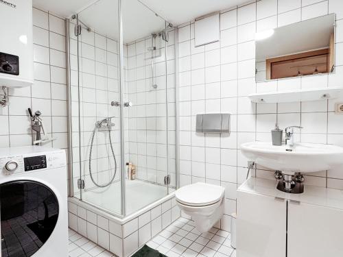a bathroom with a shower toilet and a sink at SkyNest Pirna gemütliches Dachstudio mit Stadtblick in Pirna