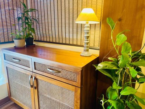 a lamp on top of a wooden dresser with plants at Cairo in Siolim