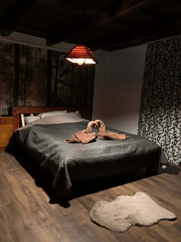 a bedroom with a bed with a robe on it at Cabana Drumetului Borzesti in Borzeşti