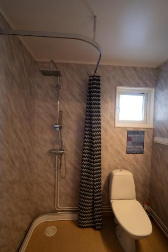 a bathroom with a toilet and a shower curtain at Central Ski-In Ski-Out Apartment in Vemdalen