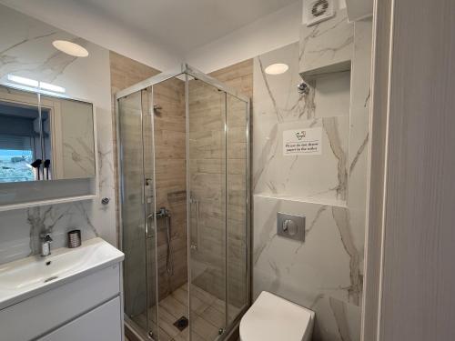 a bathroom with a shower and a toilet and a sink at Nefeli's 13,6 Apartment in Orfánion