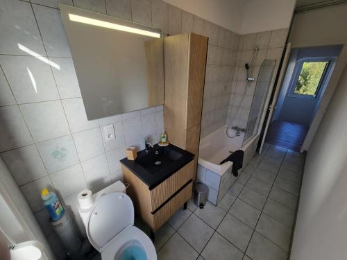 a bathroom with a sink and a toilet and a tub at Maison proche gare in Margny-lès-Compiègne