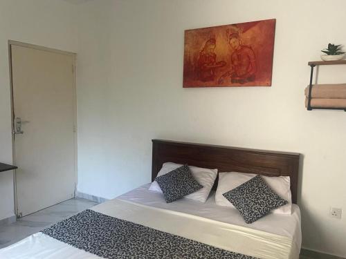 a bedroom with a bed with pillows and a painting on the wall at Two room flat in colombo 5 in Narahenpita