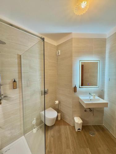 a bathroom with a toilet and a sink and a shower at Hospedaria Buganvilia Alvor in Alvor