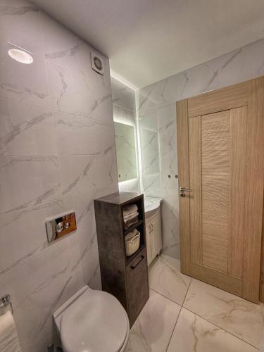 a bathroom with a toilet and a wooden door at Maison Budva in Bečići