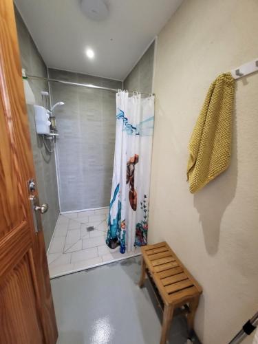 a bathroom with a shower curtain and a stool at alpaca view Dome in New Holland