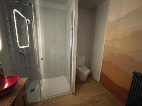 a bathroom with a shower and a toilet at Cense des Possibles, Forêt et Prairie in Darcey