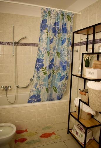 a bathroom with a shower curtain and a toilet at Appartamento sole in Isone