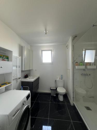 a bathroom with a toilet sink and a washing machine at T2 cosy proche Versailles in Trappes