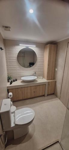 a bathroom with a toilet and a sink and a mirror at Endless Blue in Pythagoreio