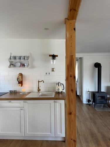 a kitchen with a sink and a stove at Charzykówka Domek na Kaszubach in Charzykowy