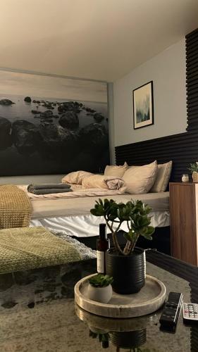 a living room with a bed and a table with a plant at Boutique apartment in Strömstad in Strömstad