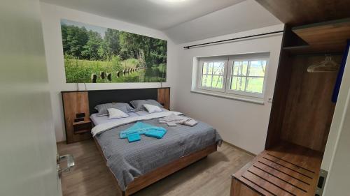 a bedroom with a large bed with blue pillows at Stara Broznja in Burg