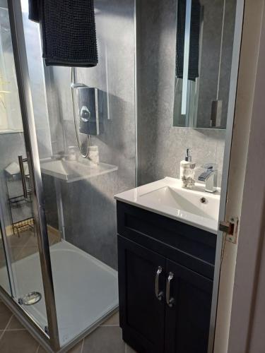 a bathroom with a sink and a shower at Number 47 in Hawick
