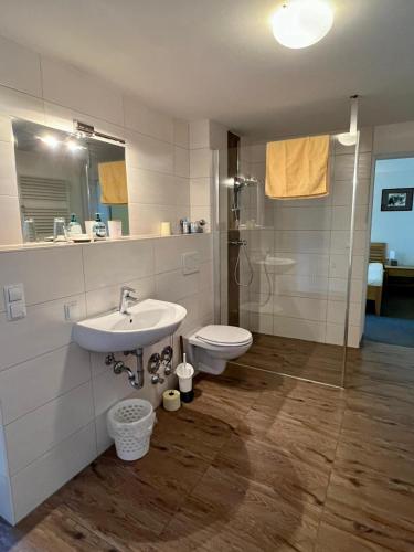 a bathroom with a sink and a toilet and a shower at Zeit/-Los in Irdning