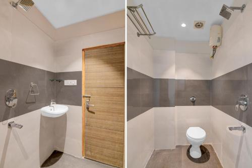 two images of a bathroom with a toilet and a sink at Hotel Royal City Palace in Kolkata