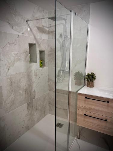 a shower with a glass door in a bathroom at Casa Bianca - Maison à Orléans in Orléans