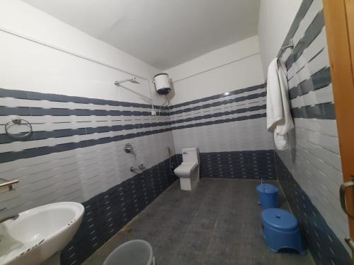 a bathroom with a sink and a toilet at Dholadhar Hotel & Restaurant in Barot 