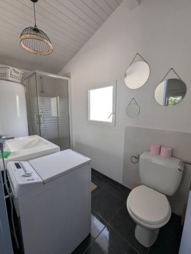 a white bathroom with a toilet and a sink at Maisonnette chez Laurette in Saint-Martin-de-Seignanx