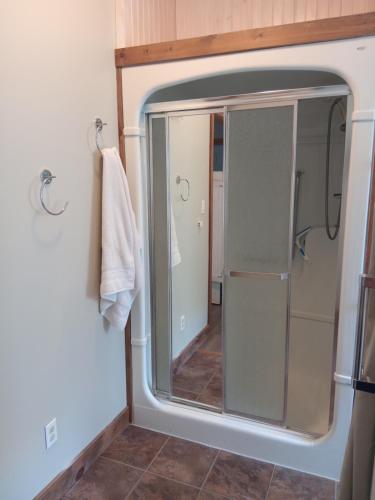 a shower in a bathroom with a glass door at Guest Suite in Smiths Falls