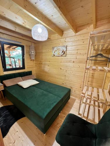 a room in a log cabin with a bed and a ladder at Dom nad Saskiem 3 sypialnie, jacuzzi-relaks, natura i komfort in Linowo