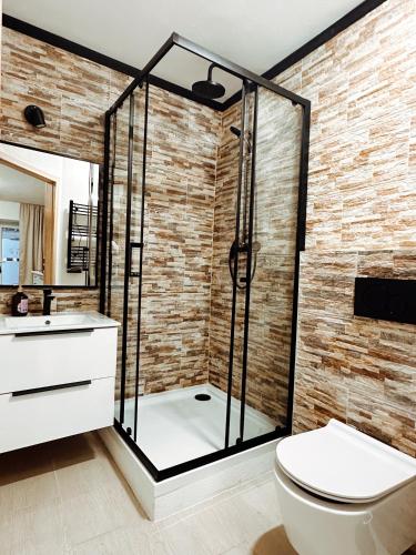 a bathroom with a glass shower and a toilet at Apartmány Alexander in Vrbov
