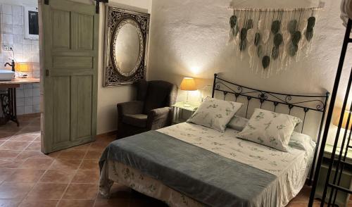 a bedroom with a bed and a chair and a mirror at Masoala Forest in Piera