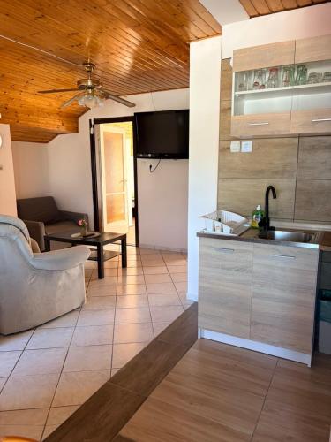 a kitchen and living room with a couch and a table at Jesolo Apartmanház in Balatonkeresztúr