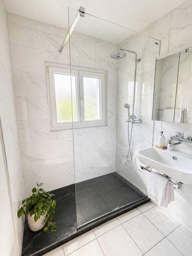 a white bathroom with a shower and a sink at 3Br Topview Interlaken Mountain View Apartment in Unterseen