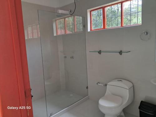 a bathroom with a shower and a toilet at Hotel Cafetero Valparaíso in La Vega