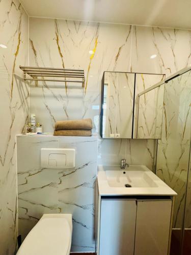 a bathroom with a white sink and a toilet at Maisonnette au calme-proche Métro in Maisons-Alfort
